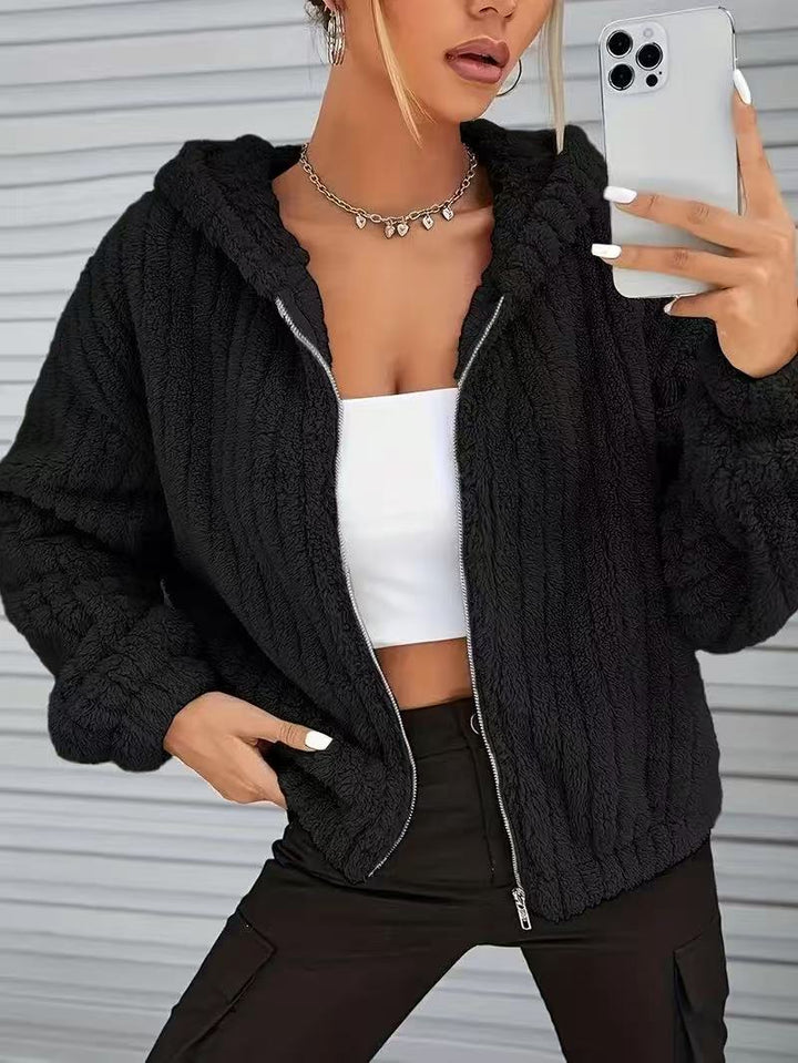 Sorvienne Relaxed Bear Ear Zip Up Teddy Hoodie in Black
