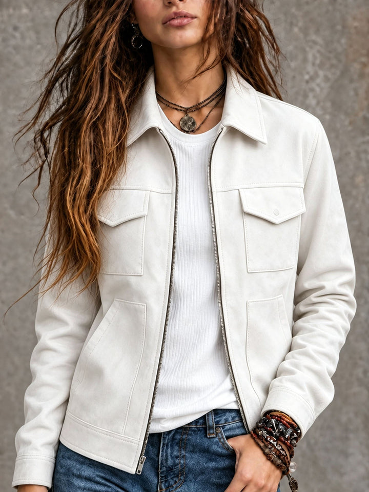 Sorvienne Relaxed Zip Front Suede Effect Jacket in Ivory