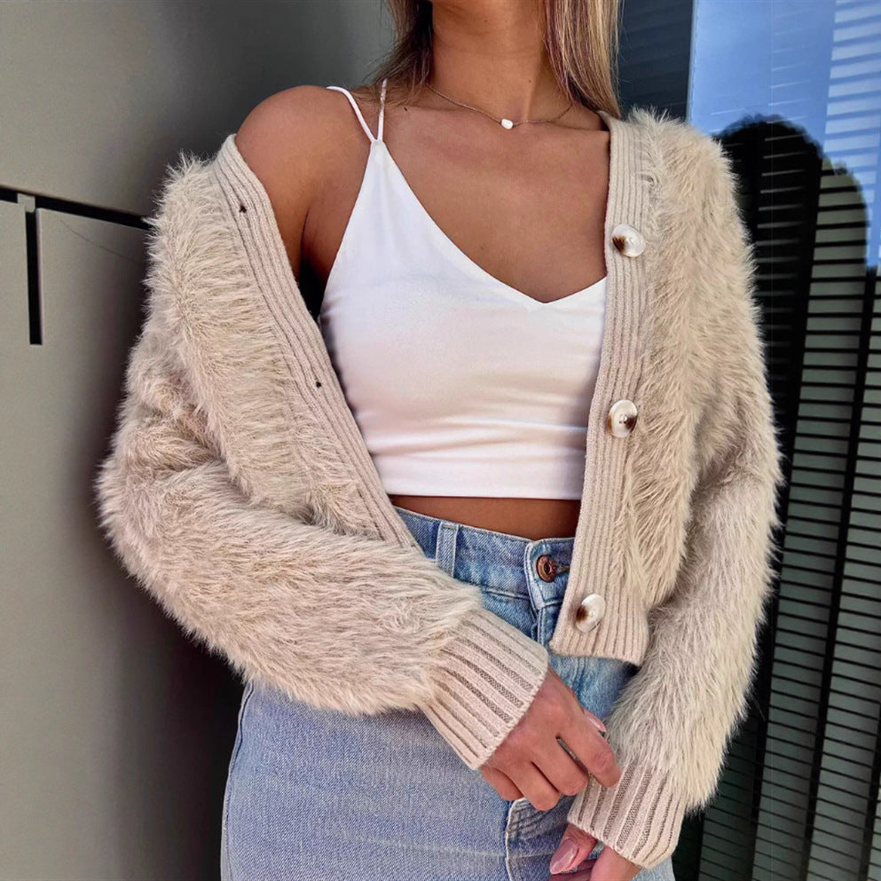 Sorvienne Relaxed Cropped Fluffy Cardigan in Oatmeal