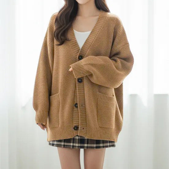 Sorvienne Relaxed Ribbed Boyfriend Cardigan in Camel