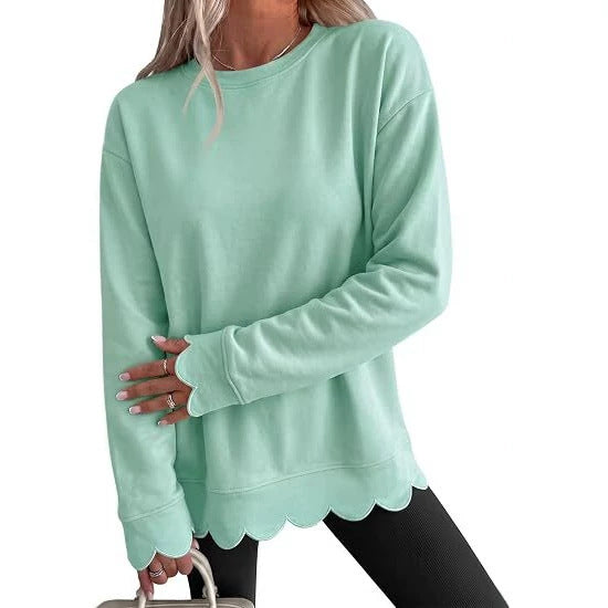 Sorvienne Relaxed Scallop Hem Crew Neck Sweatshirt in Mint