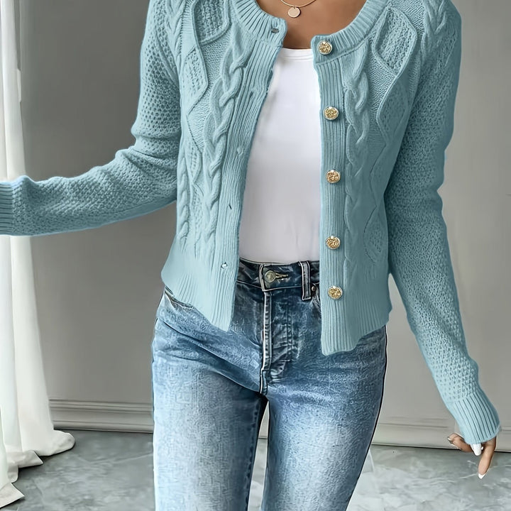 Sorvienne Cropped Cable Knit Cardigan in Sky Blue