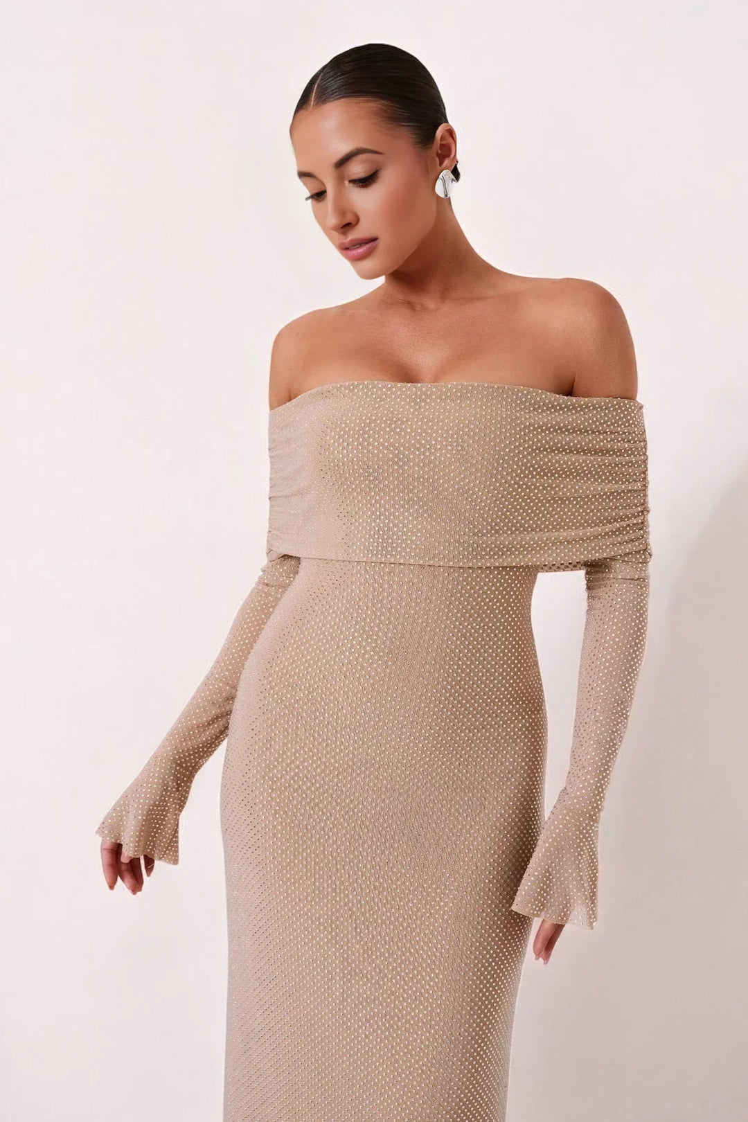 Sorvienne Slim Embellished Off Shoulder Maxi Dress in Beige