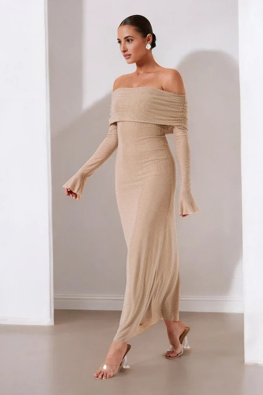 Sorvienne Slim Embellished Off Shoulder Maxi Dress in Beige