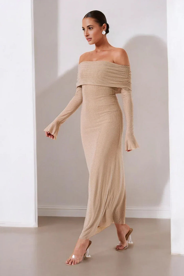 Sorvienne Slim Embellished Off Shoulder Maxi Dress in Beige