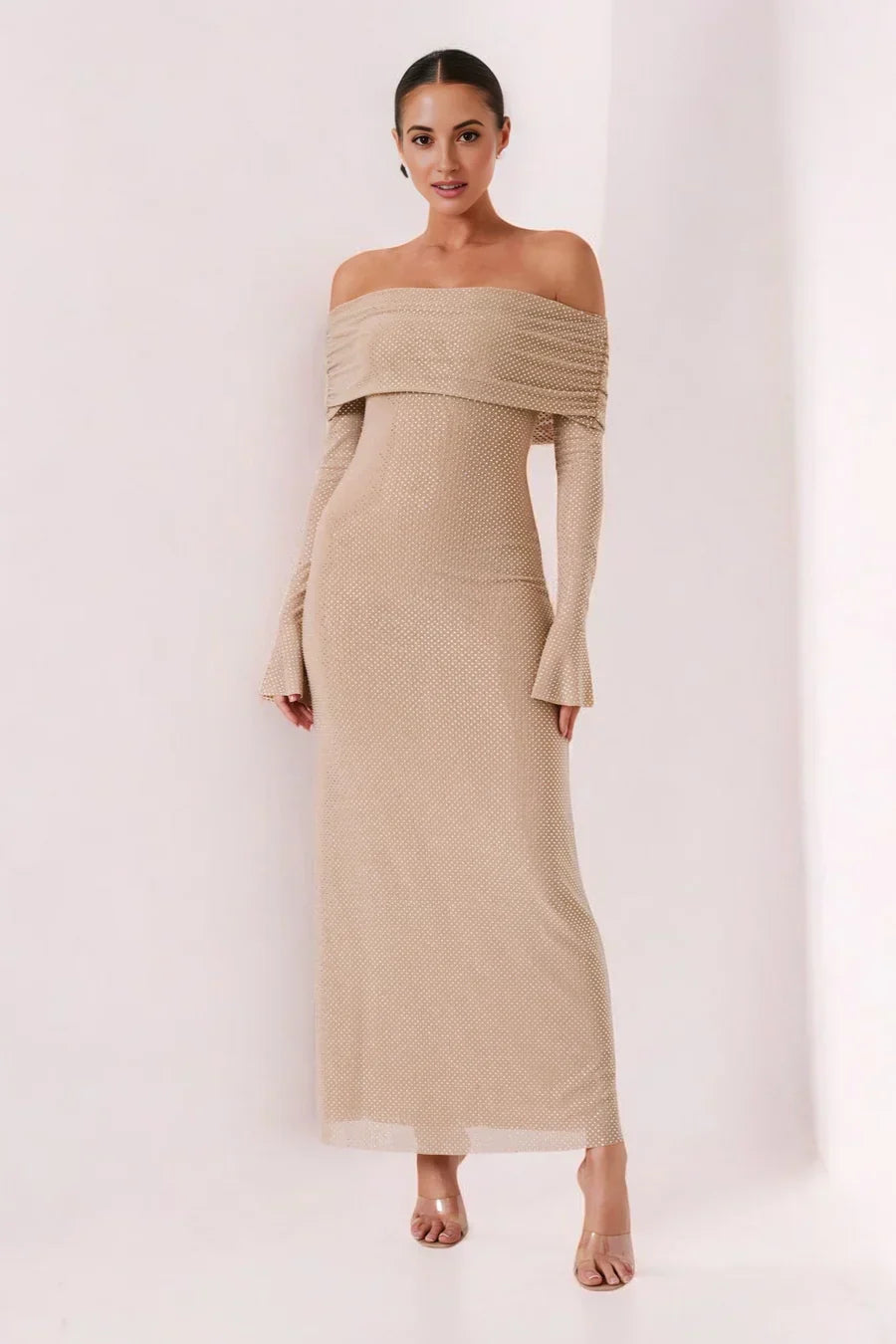 Sorvienne Slim Embellished Off Shoulder Maxi Dress in Beige