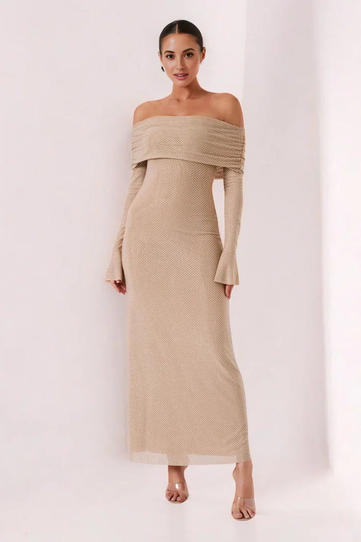 Sorvienne Slim Embellished Off Shoulder Maxi Dress in Beige