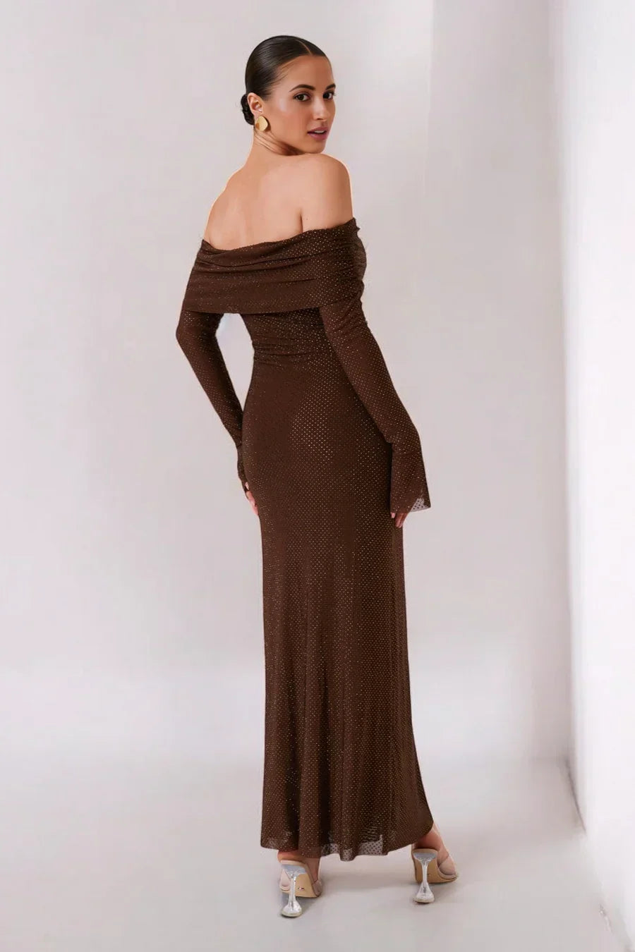 Sorvienne Slim Embellished Off Shoulder Maxi Dress in Brown