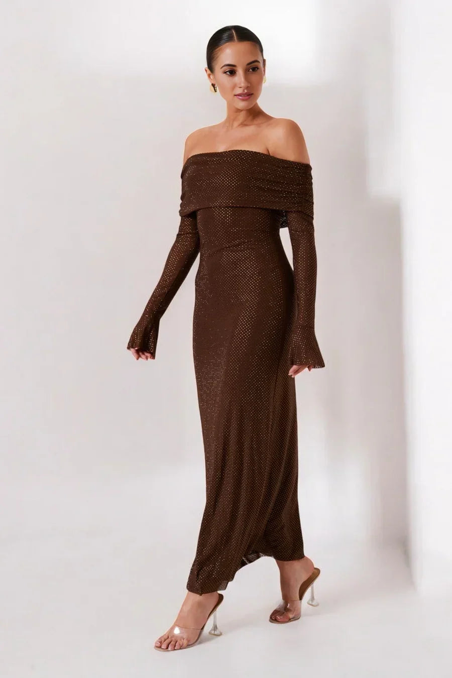 Sorvienne Slim Embellished Off Shoulder Maxi Dress in Brown