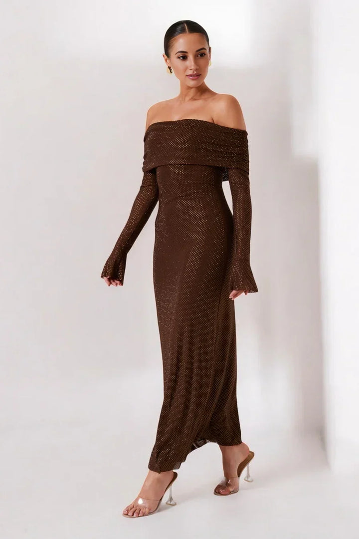 Sorvienne Slim Embellished Off Shoulder Maxi Dress in Brown