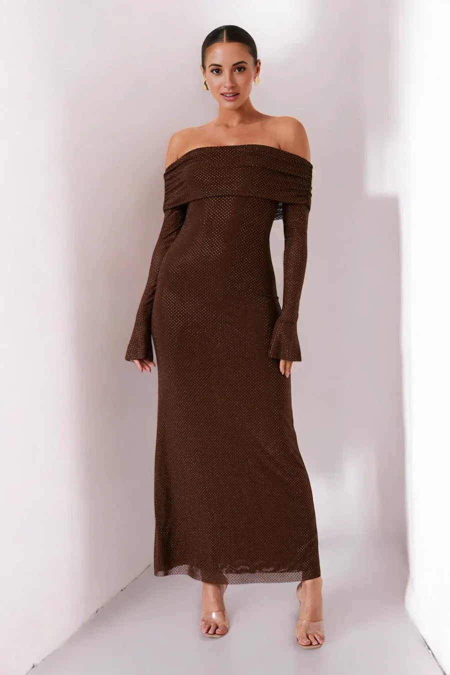 Sorvienne Slim Embellished Off Shoulder Maxi Dress in Brown