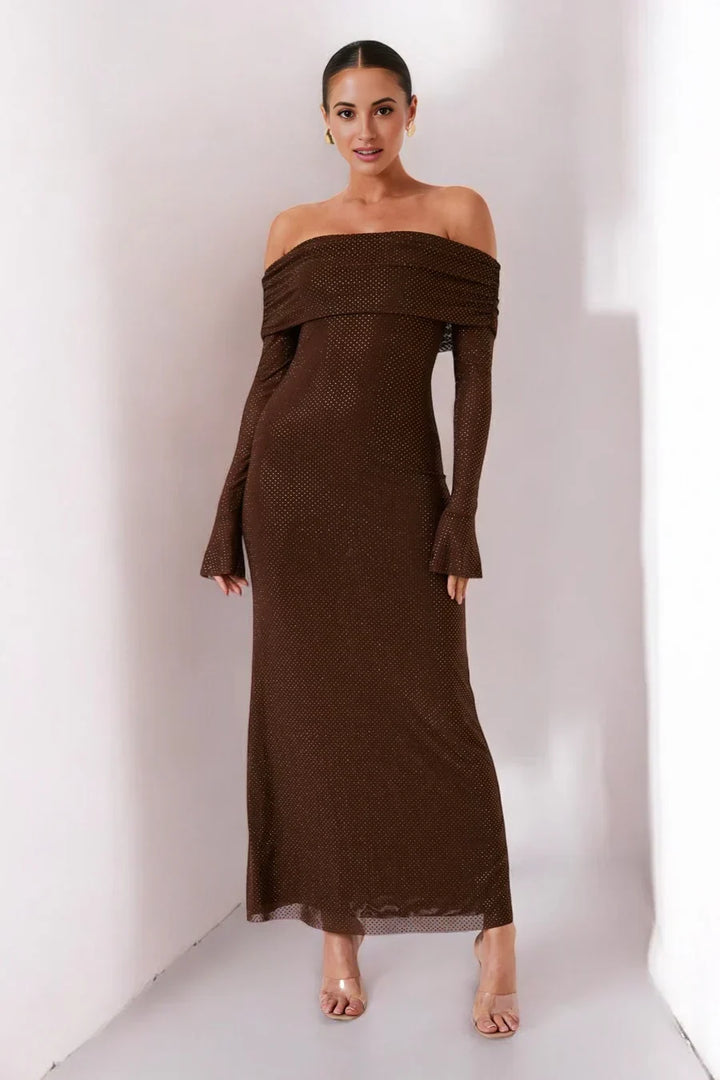Sorvienne Slim Embellished Off Shoulder Maxi Dress in Brown
