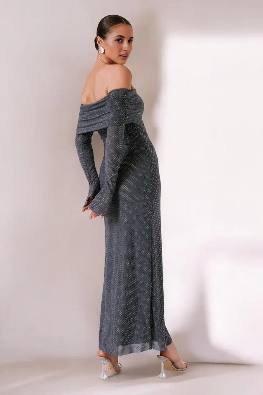 Sorvienne Slim Embellished Off Shoulder Maxi Dress in Grey