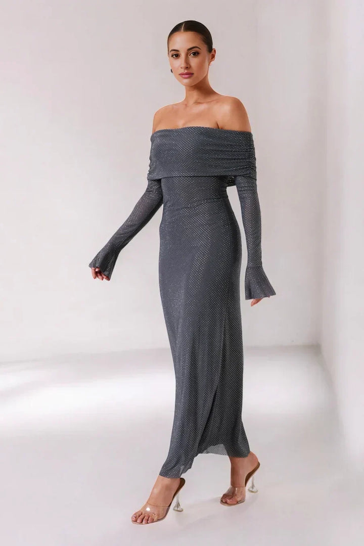 Sorvienne Slim Embellished Off Shoulder Maxi Dress in Grey