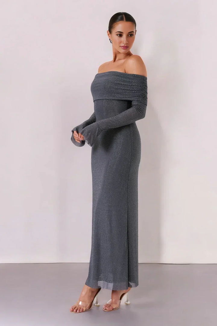 Sorvienne Slim Embellished Off Shoulder Maxi Dress in Grey