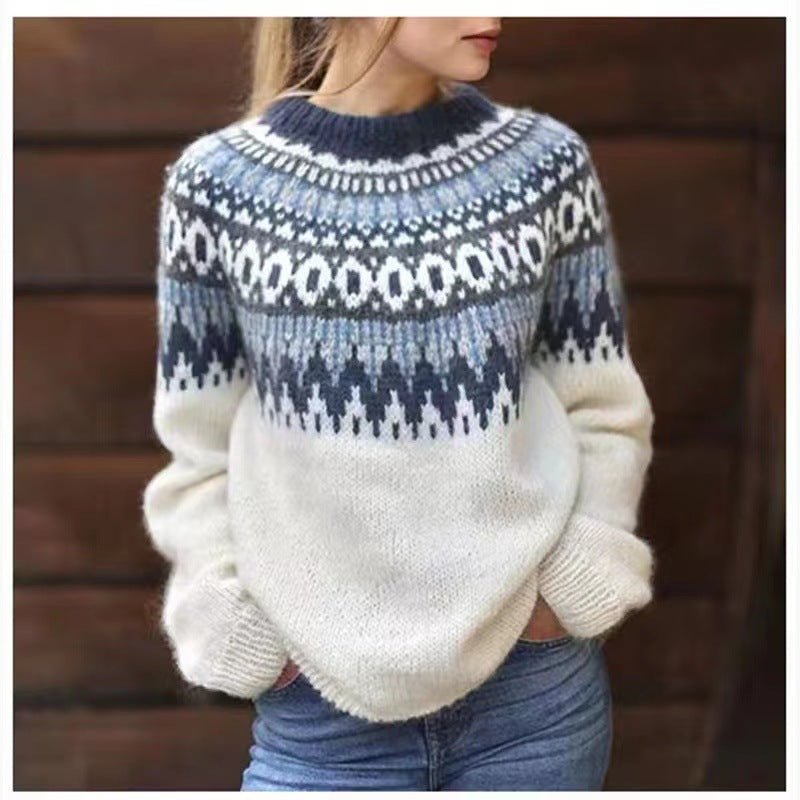 Sorvienne Relaxed Yoke Knit Fair Isle Jumper in Cream