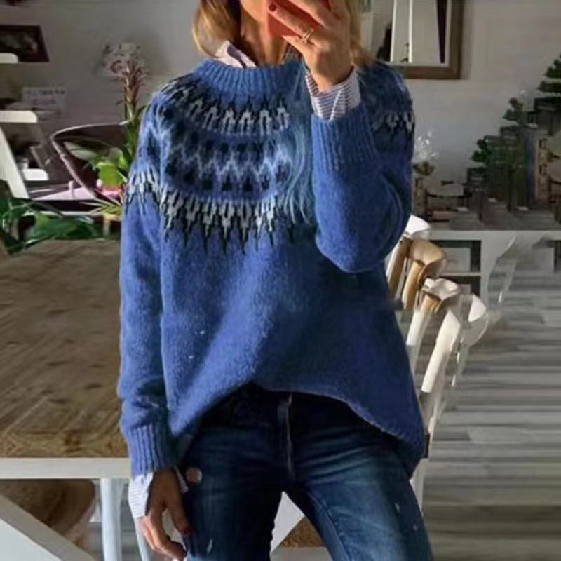 Sorvienne Relaxed Yoke Knit Fair Isle Jumper in Blue