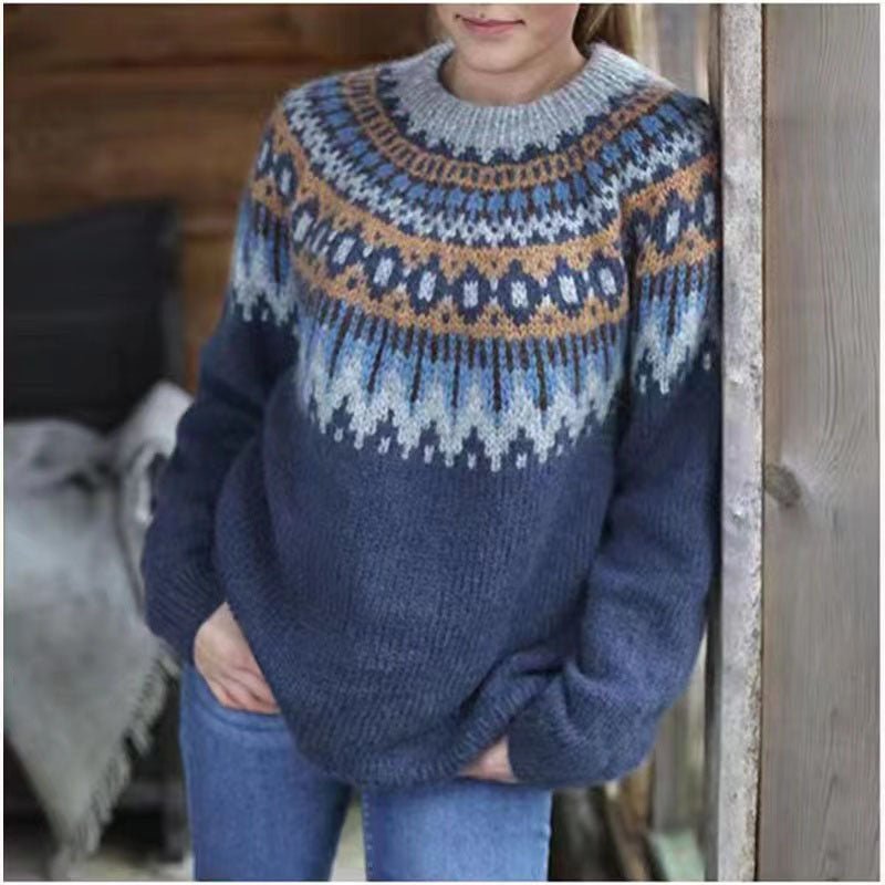 Sorvienne Relaxed Yoke Knit Fair Isle Jumper in Navy