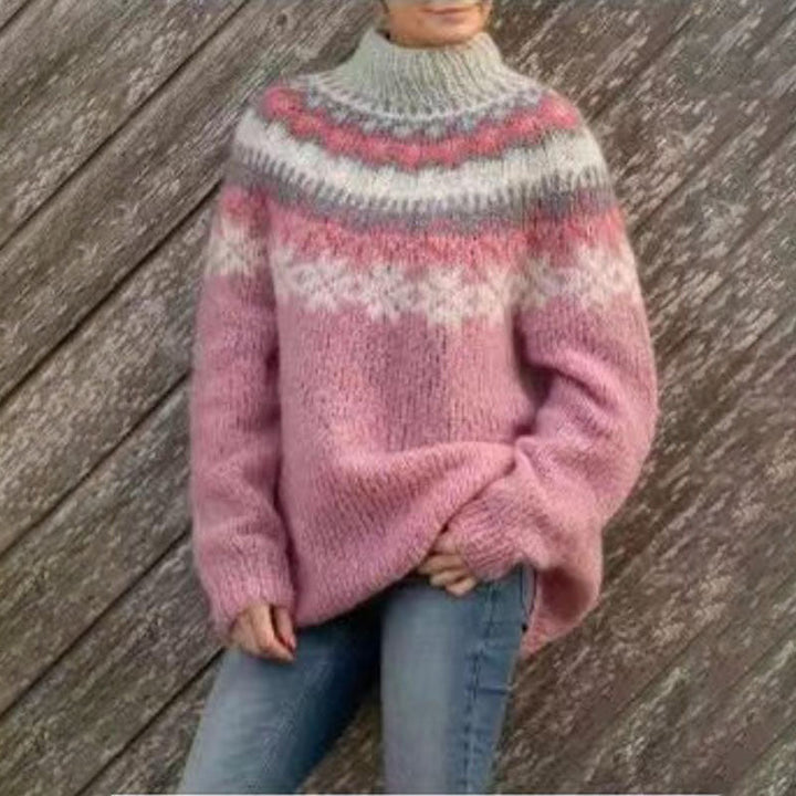 Sorvienne Relaxed Yoke Knit Fair Isle Jumper in Pink