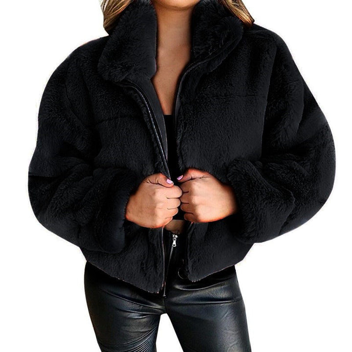 Sorvienne Relaxed Zip Front Faux Fur Jacket in Black