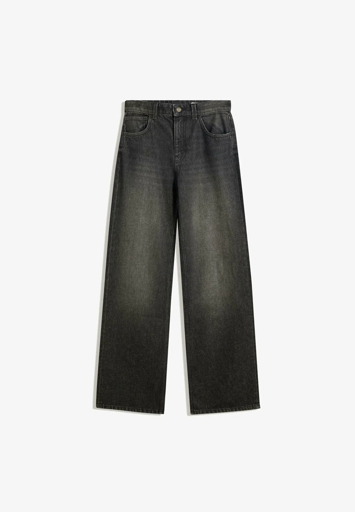 Sorvienne Relaxed High Waisted Wide Leg Jeans in Washed Black