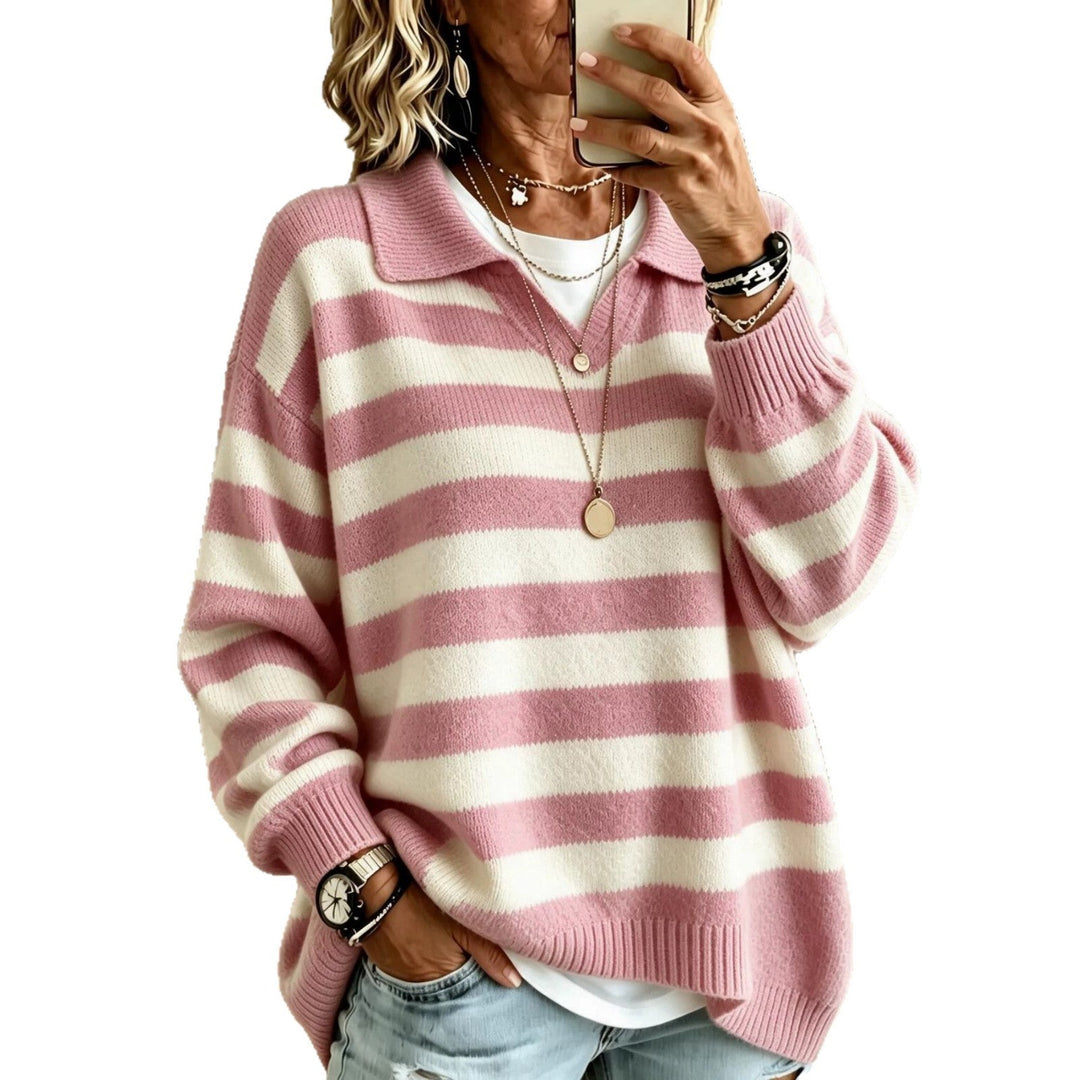 Sorvienne Relaxed Collared Striped Jumper in Pink Stripe