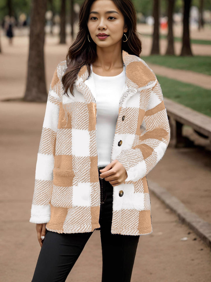 Sorvienne Relaxed Borg Check Shacket in Camel