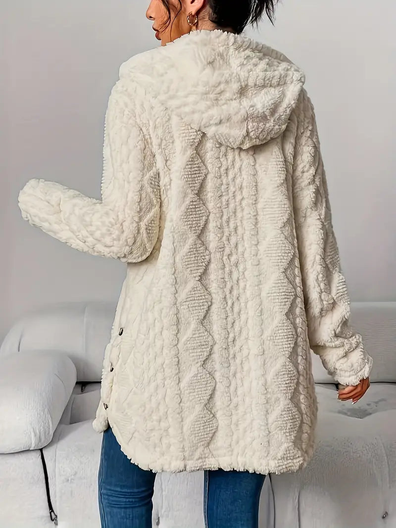Sorvienne Relaxed Cable Texture Hooded Fleece Cardigan in Cream