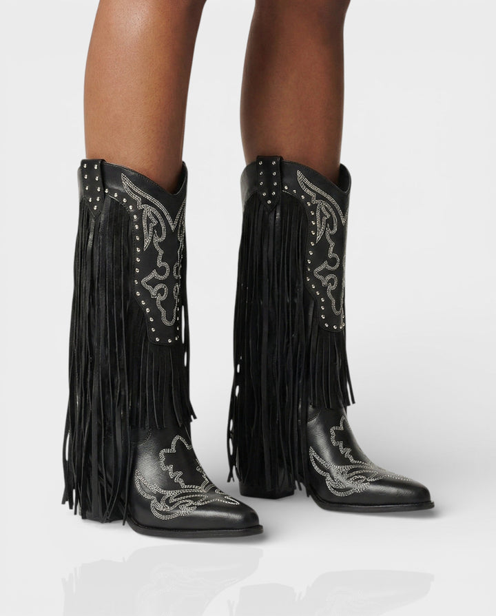Sorvienne Embroidered Block Heel Fringe Cowboy Boots in Black