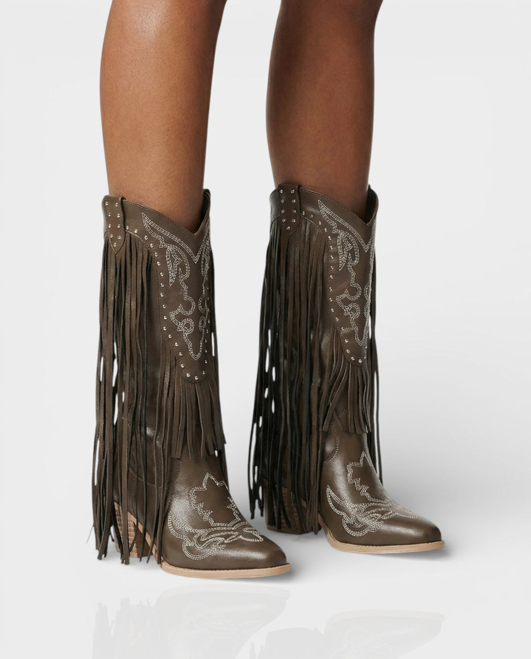 Sorvienne Embroidered Block Heel Fringe Cowboy Boots in Brown