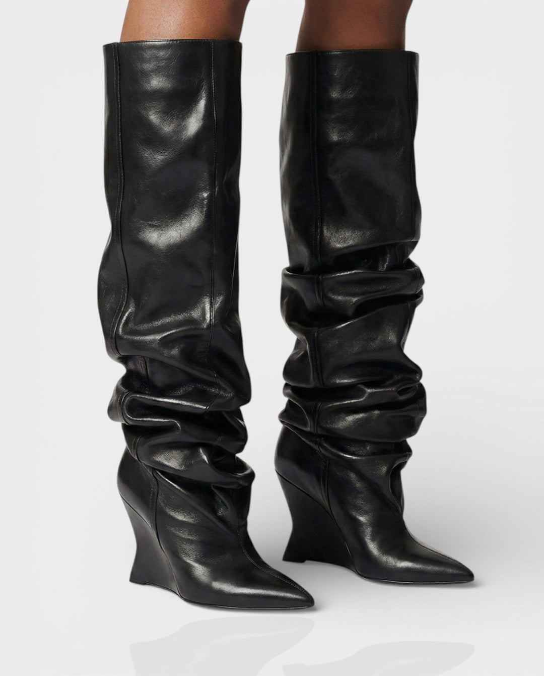 Sorvienne Pointed Toe Wedge Heel Slouch Boots in Black