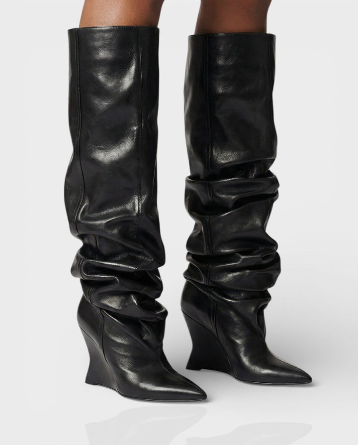 Sorvienne Pointed Toe Wedge Heel Slouch Boots in Black