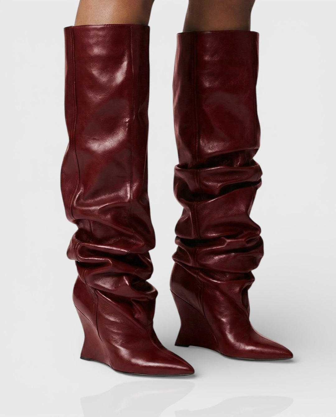 Sorvienne Pointed Toe Wedge Heel Slouch Boots in Burgundy