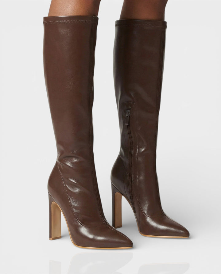 Sorvienne Pointed Stiletto Knee High Boots in Brown