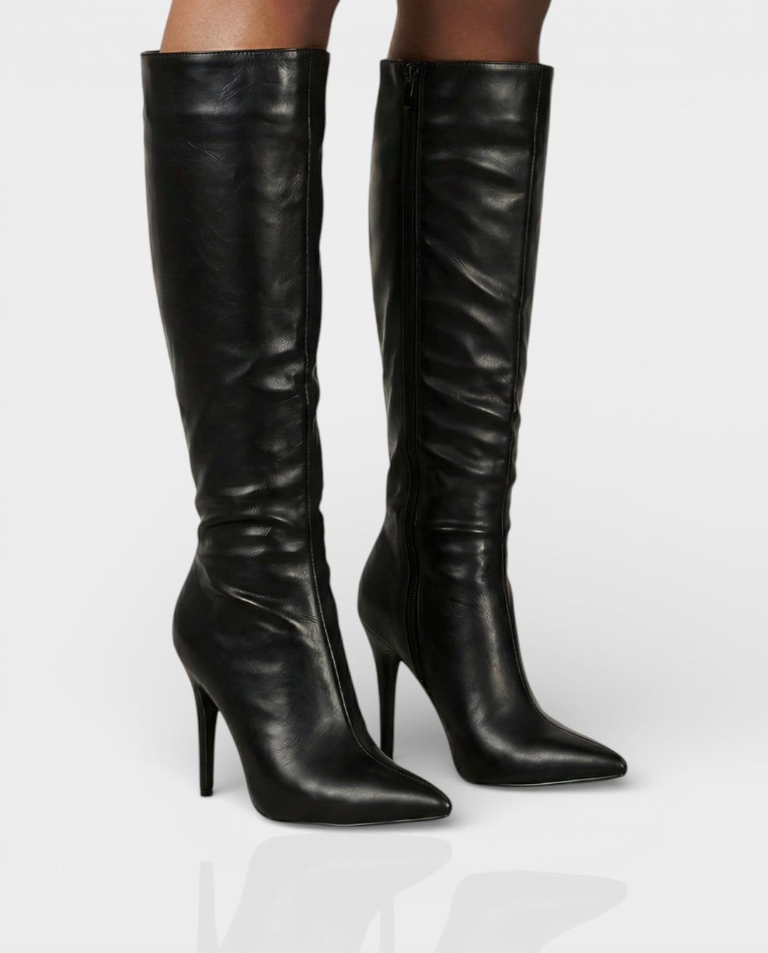 Sorvienne Ruched Stiletto Knee High Boots in Black