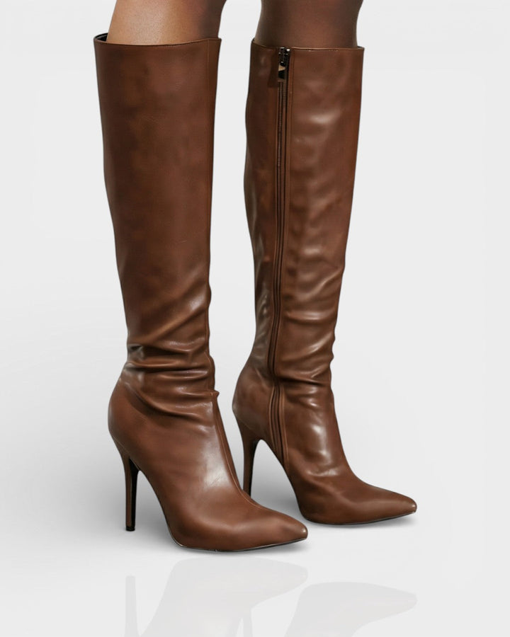 Sorvienne Ruched Stiletto Knee High Boots in Brown