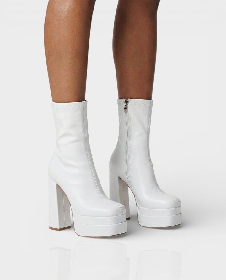 Sorvienne Block Heel Platform Ankle Boots in White