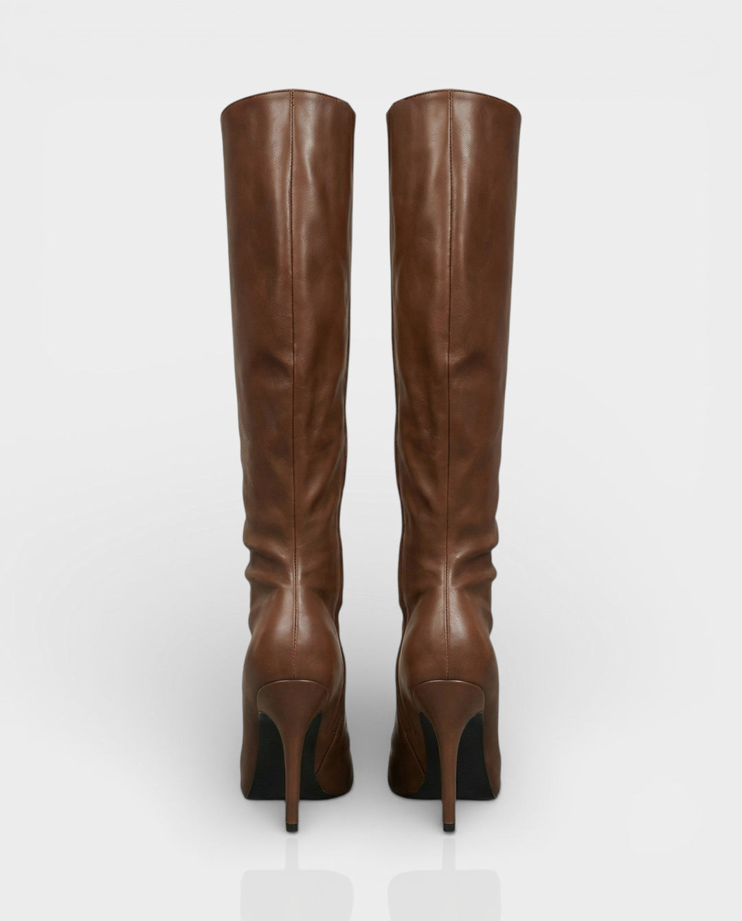 Sorvienne Ruched Stiletto Knee High Boots in Brown