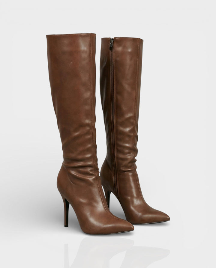 Sorvienne Ruched Stiletto Knee High Boots in Brown