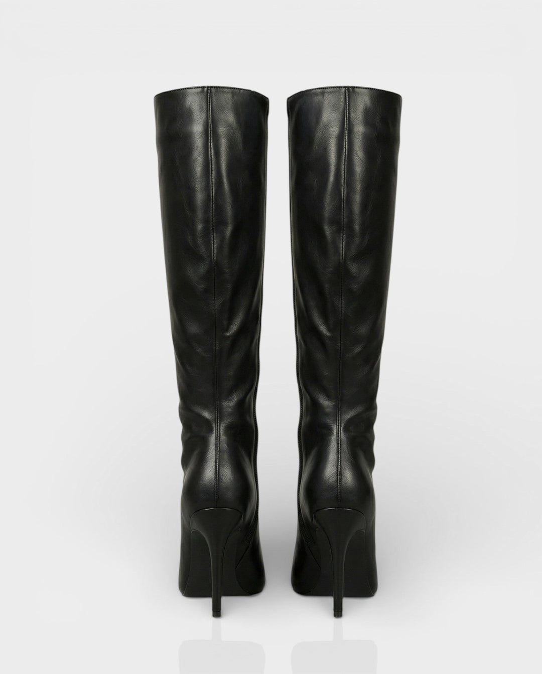 Sorvienne Ruched Stiletto Knee High Boots in Black