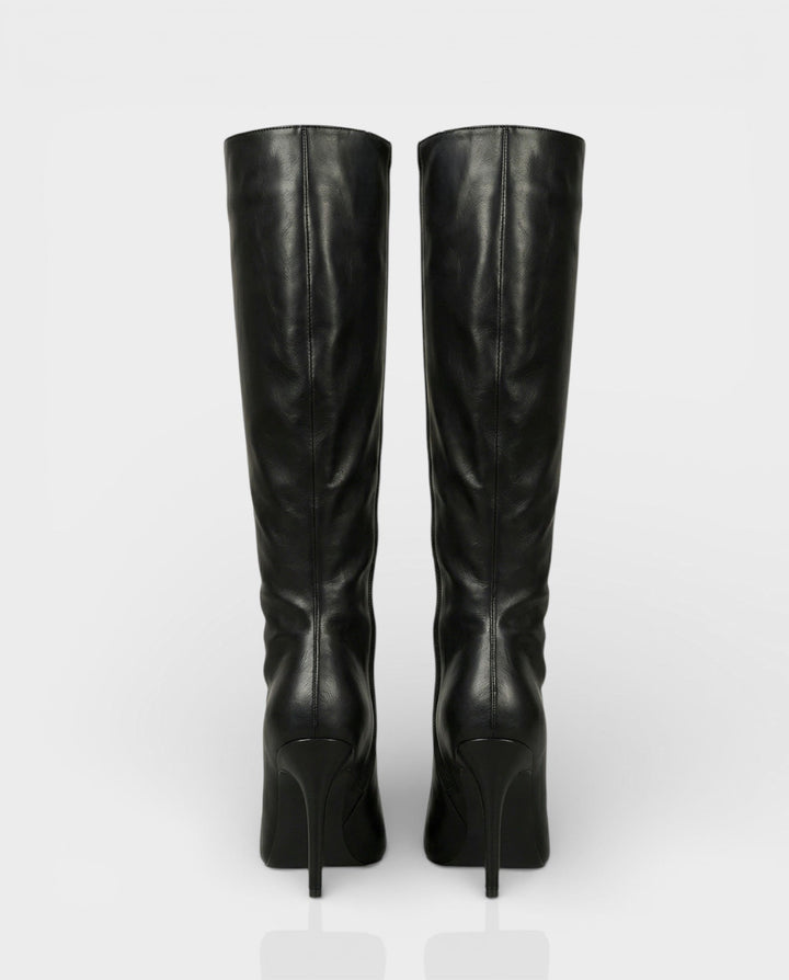 Sorvienne Ruched Stiletto Knee High Boots in Black