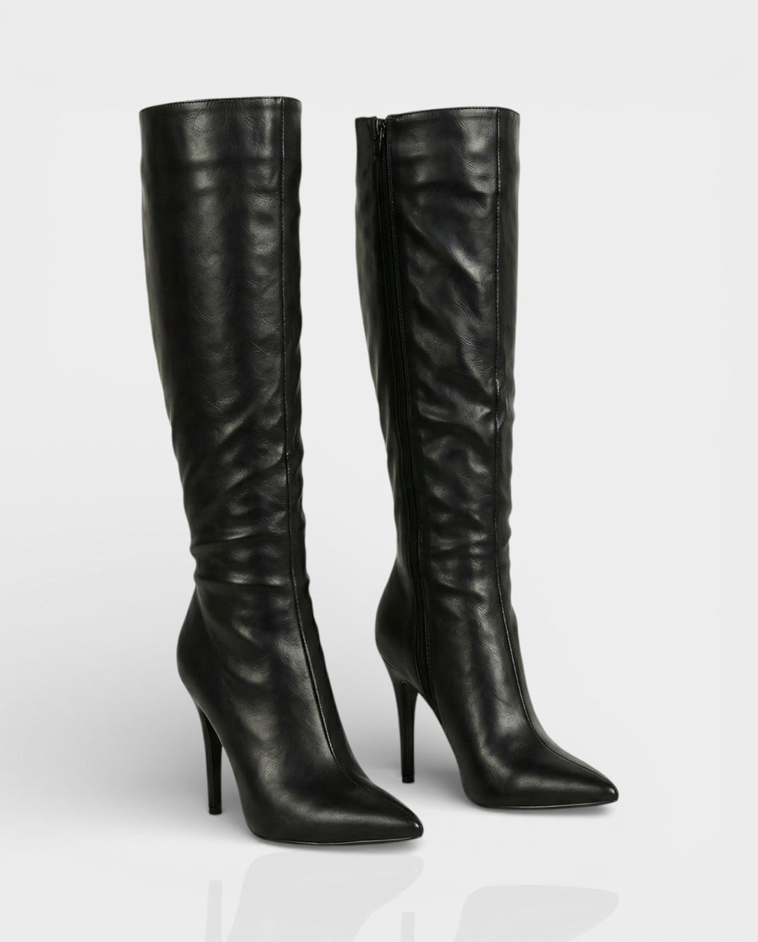 Sorvienne Ruched Stiletto Knee High Boots in Black