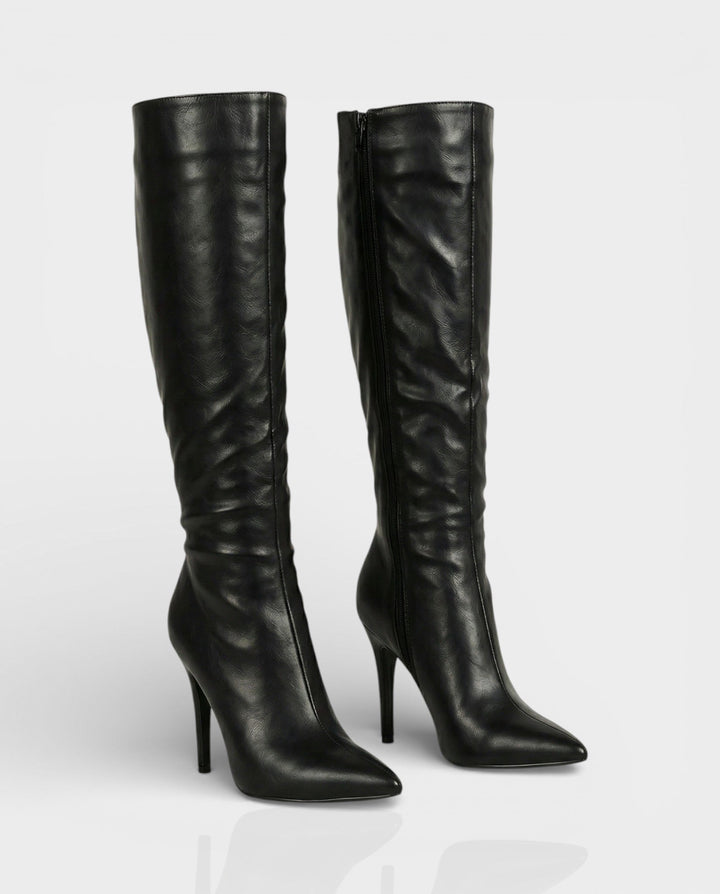 Sorvienne Ruched Stiletto Knee High Boots in Black