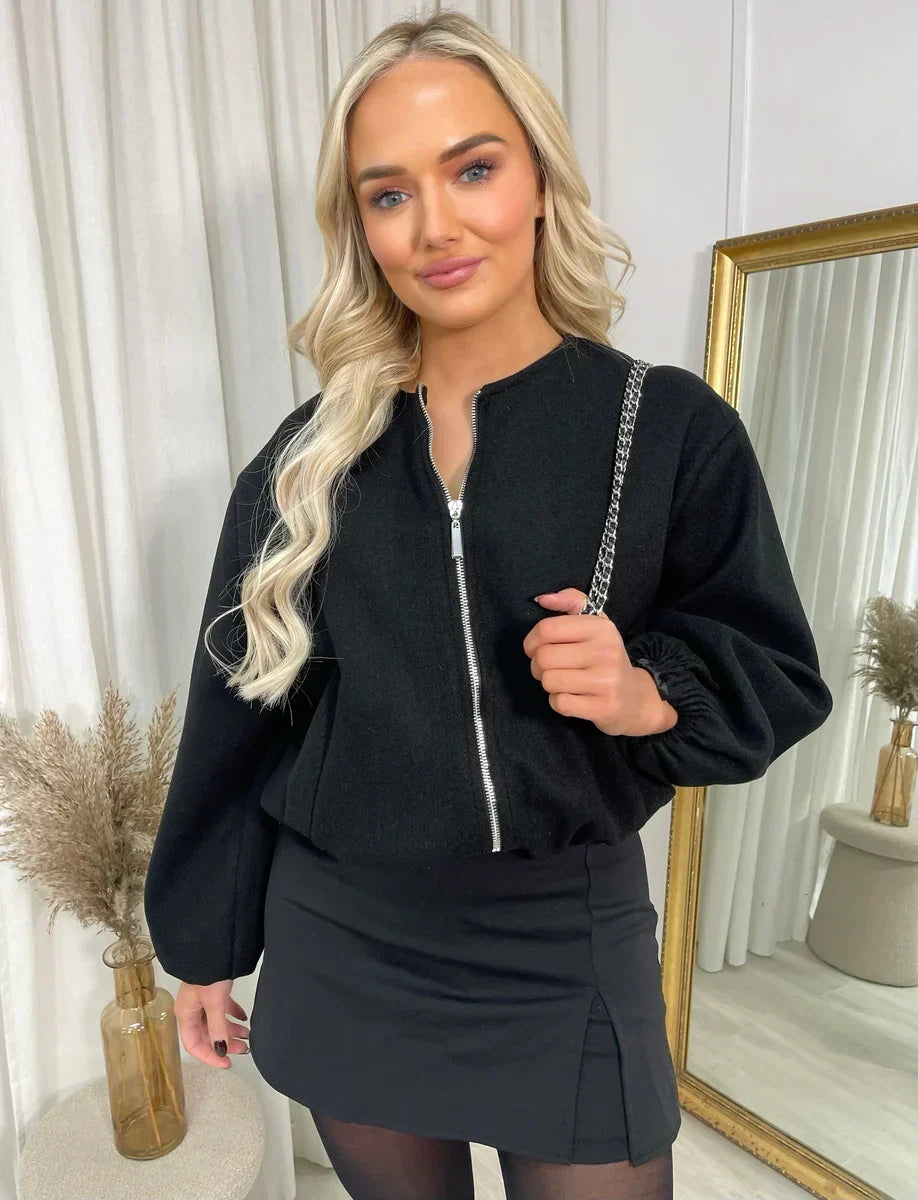 Sorvienne Relaxed Cropped Bomber Jacket in Black