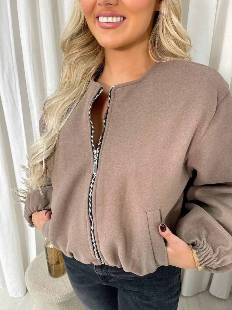 Sorvienne Relaxed Cropped Bomber Jacket in Taupe