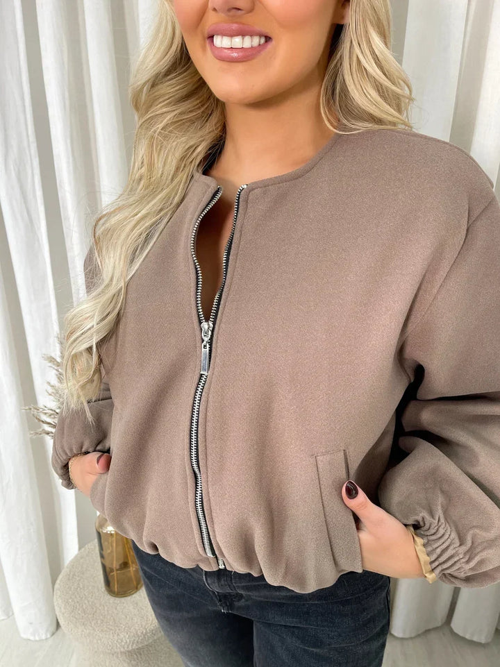 Sorvienne Relaxed Cropped Bomber Jacket in Taupe