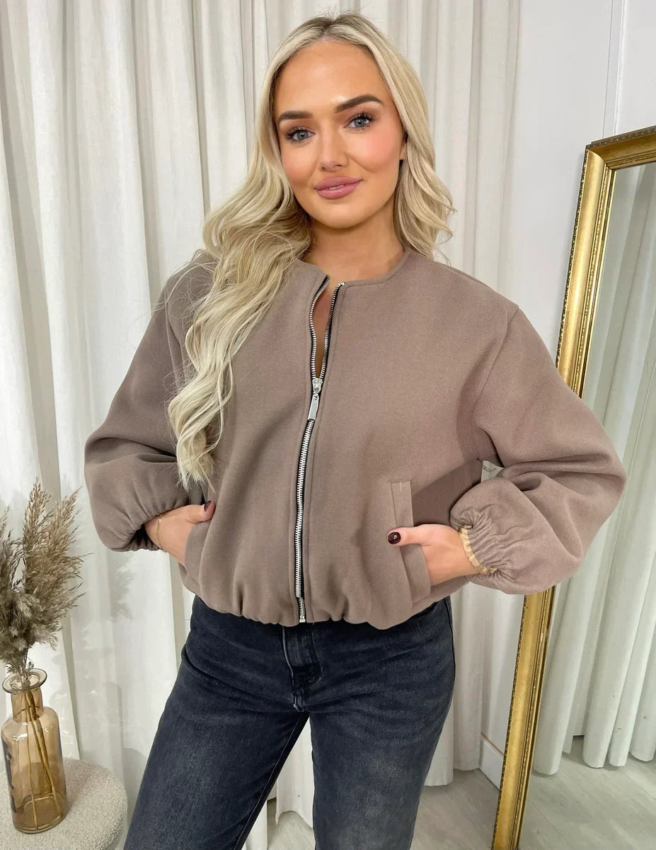 Sorvienne Relaxed Cropped Bomber Jacket in Taupe