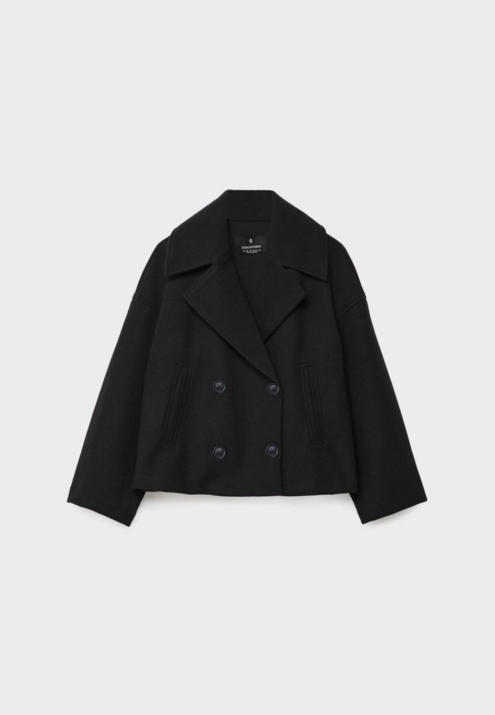 Sorvienne Oversized Boxy Cropped Pea Coat in Black