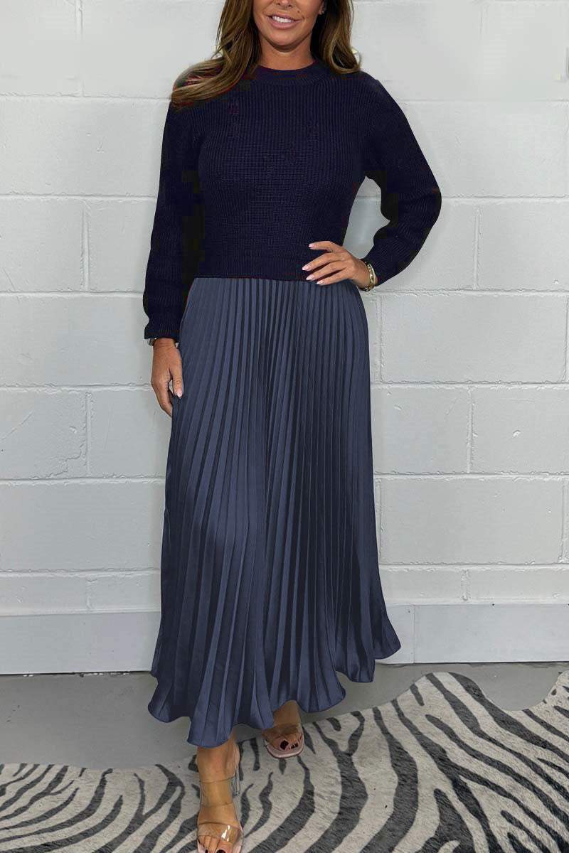 Sorvienne Relaxed Knit Top Pleated Maxi Dress in Navy