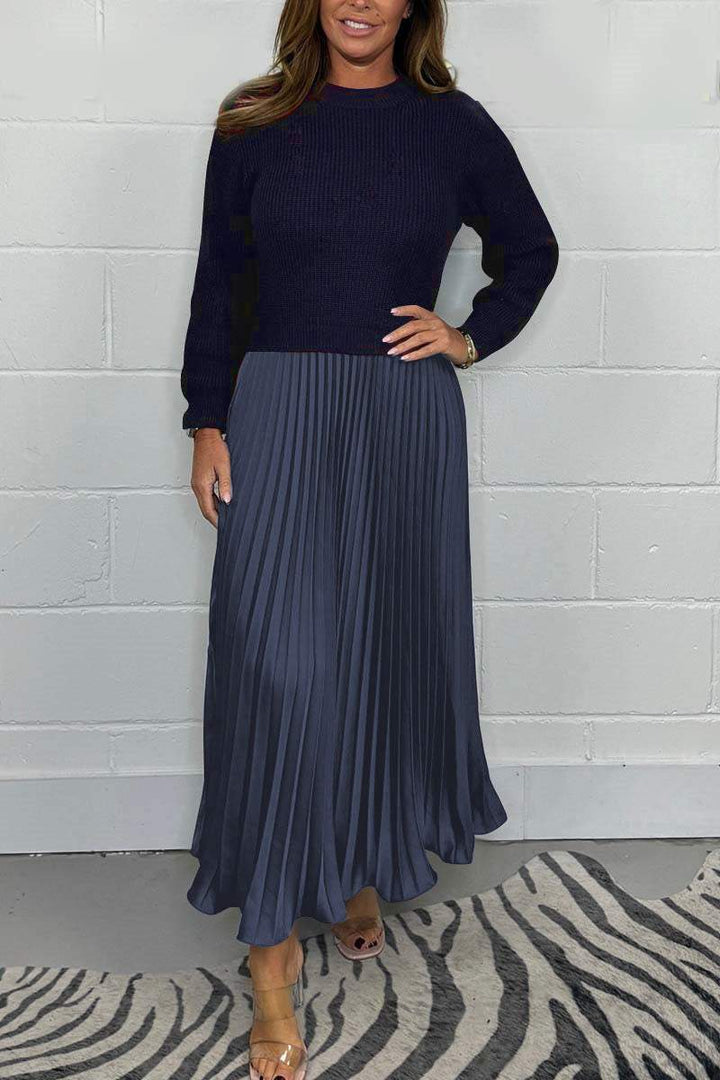 Sorvienne Relaxed Knit Top Pleated Maxi Dress in Navy